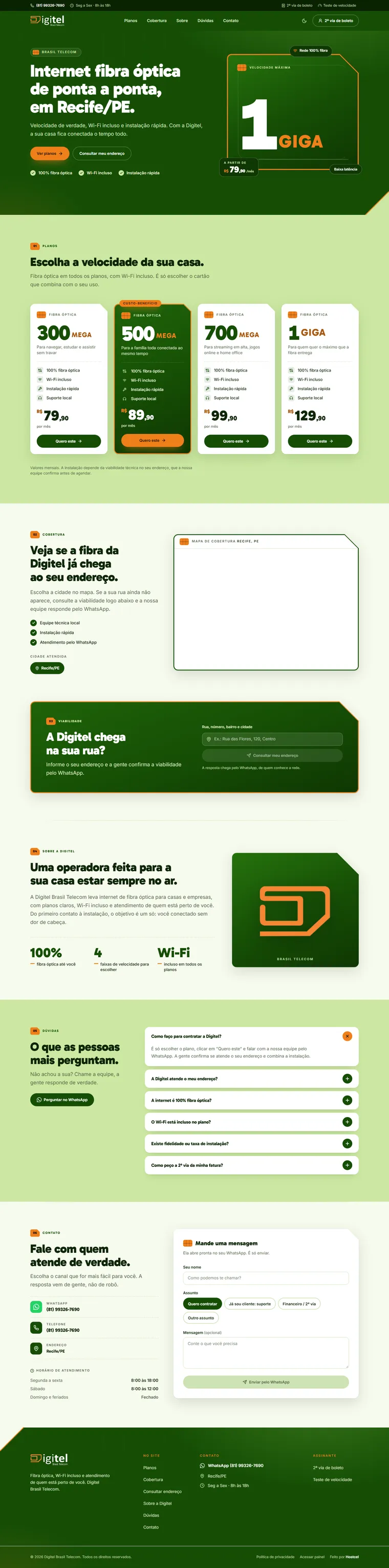 Site do provedor de internet Digitel criado pela Hostcel