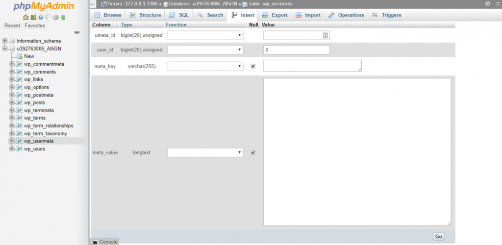 tabela dos metausers do banco de dados phpmyadmin