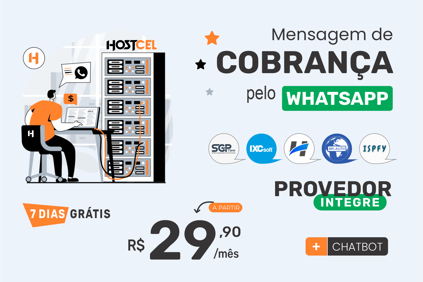Cobrança pelo WhatsApp e Chatbot - Hostcel