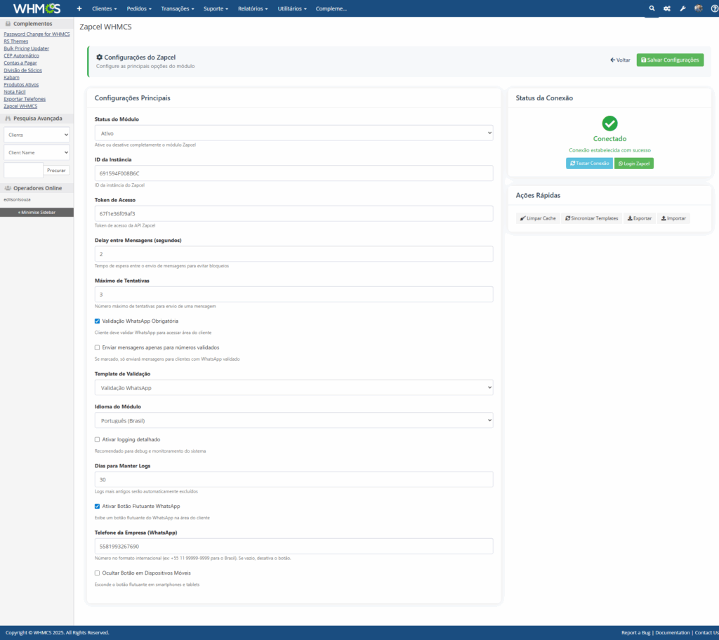 Tela de Configuração - Módulo gratuito para enviar notificações automáticas via WhatsApp aos seus clientes.