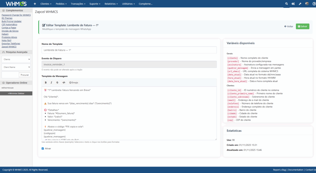Editar Modelo - Módulo gratuito para enviar notificações automáticas via WhatsApp aos seus clientes.
