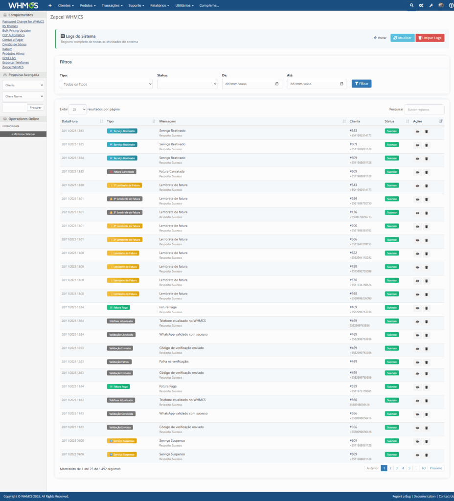 Logs - Módulo gratuito para enviar notificações automáticas via WhatsApp aos seus clientes.