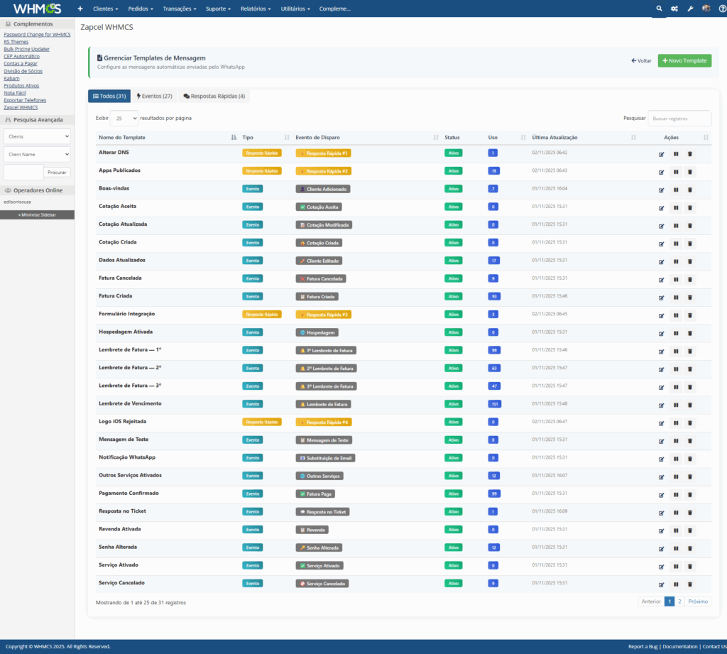 Templates/Modelos - Módulo gratuito para enviar notificações automáticas via WhatsApp aos seus clientes.
