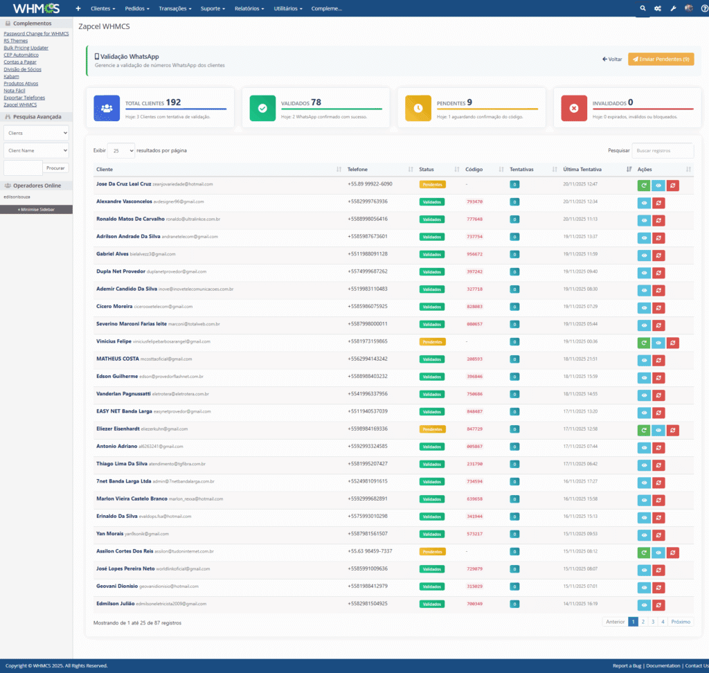Validação de WhatsApp - Módulo gratuito para enviar notificações automáticas via WhatsApp aos seus clientes.